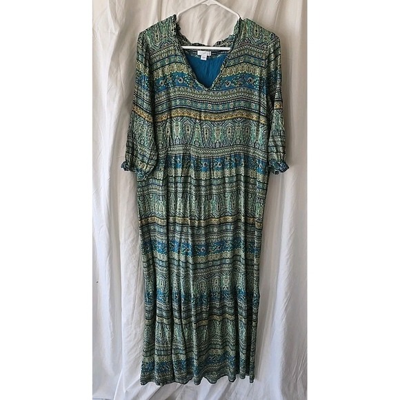 J. Jill Dresses & Skirts - J Jill Long Dress 3/4 Sleeve V-neck Green Blue Paisley Size L Boho Cottagecore